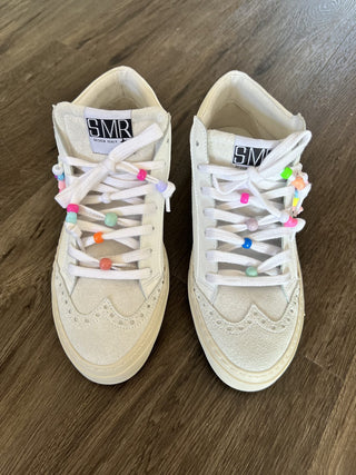 Merkel Leather High Top Trainers with Detachable Beads - White