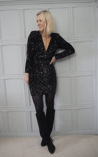 Claudia Sequin V-Neck Dress - Silver