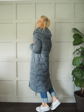 Jikke Long Padded Coat, Lined with Zipper &amp; Secret Inside Pocket by Rino &amp; Pelle - Night, Stone