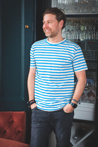 Men's Aingura Cotton T-Shirt by Loreak Mendian - Off White/Blue Striped with Logo