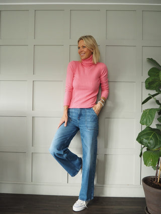 Sharky Soft, Ribbed Polo Neck - Cobalt Blue, Ecru, Pink and Orange