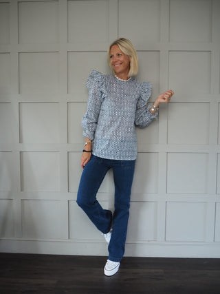 Moroccan Print Blouse with Ruffle and Pin-Tuck Detail - Blue