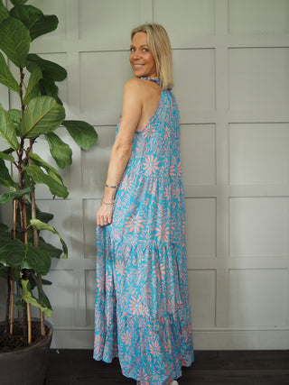 Daisy Silk Mix Maxi Dress - Blue/Pink/Gold