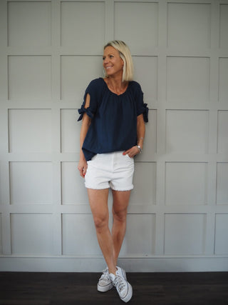 Denim Shorts with Frayed Hem - Off White