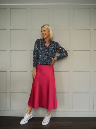 Veronica Floral Blouse with Ruffle Detail - Navy Blue