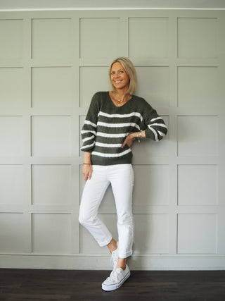 Mahina V-Neck, Striped Jumper - Khaki, Light Blue