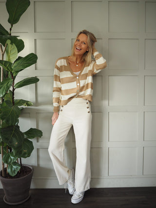 Simi Striped Cardigan with Button Fastenings - Camel/Off White