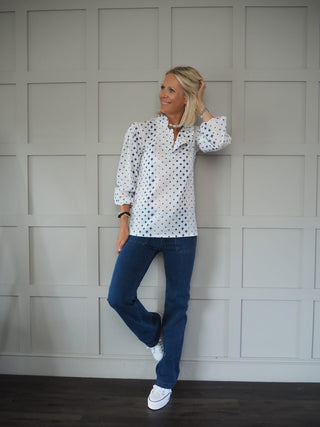 Diamond Long Sleeve Blouse with Ruffle Collar - Off White/Blue