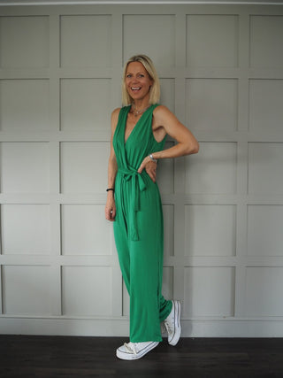 Marta Short Sleeved V Neck Jersey Jumpsuit with Cross Over Neckline - Blue