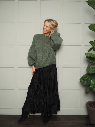 Houla Round Neck Jumper with Ribbing Detail - Black, Ecru and Khaki