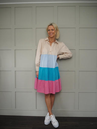 Lolita Long Sleeve Shirt Dress - Aqua/Light Blue/Pink/Stone Block Print