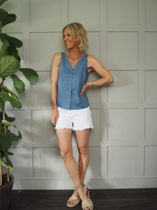 Pandora Linen Vest Top - Blue, Rose Pink, Stone, White