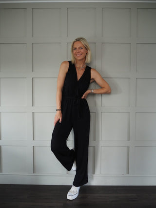 Marta Short Sleeved V Neck Jersey Jumpsuit with Cross Over Neckline - Blue