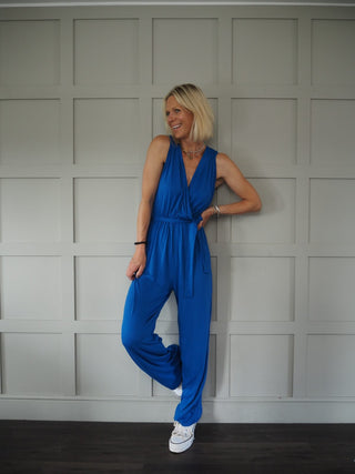 Marta Short Sleeved V Neck Jersey Jumpsuit with Cross Over Neckline - Blue