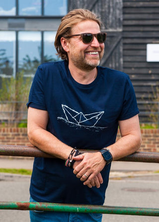 Men’s Origami Boat Organic Cotton T-Shirt - Navy Blue with Logo