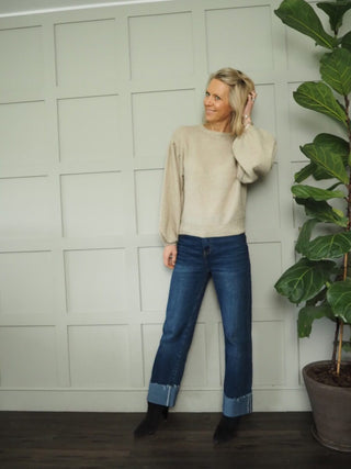 Hope Balloon Sleeve Round Neck Jumper by Moss Copenhagen - Black, Cocoa and Ecru