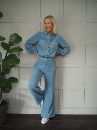 Zely Wide Leg Corduroy Trousers by Frnch - Powder Blue