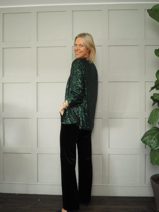 Jolie Sequin Blazer with Lapel and Faux Front Pockets - Black, Green, Silver