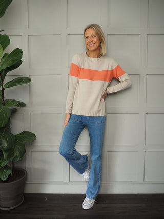 Belly Round Neck Cashmere Mix Jumper with Ribbed Detail - Oatmeal/Papaya Stripe