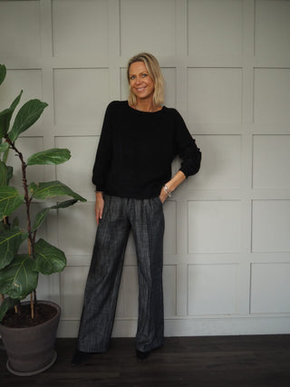 Wispa Cotton Wide Leg Trousers with Stripy &amp; Cream Waistband - Blue