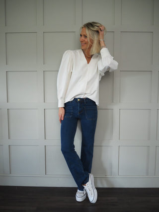 Pops V-Neck Blouse with Balloon Sleeves - Off White