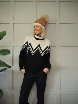 Andrea Pom Pom Hat - Black with Camel Stripe