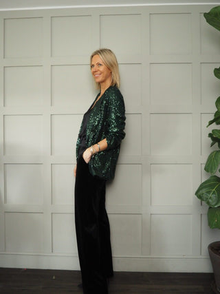 Jolie Sequin Blazer with Lapel and Faux Front Pockets - Black, Green, Silver