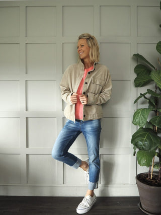 Mineral Corduroy Over-shirt Jacket, with High Neck Button-Up Collar &amp; Contrasting Button Fastening by Moss Copenhagen - Coral, Stone