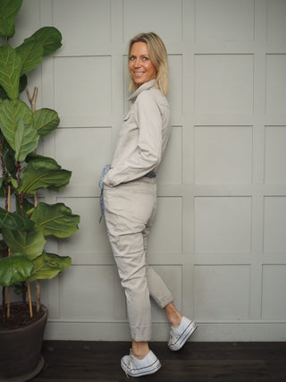 Bisous Long Sleeved Jumpsuit - Skinny-Fit with Stretch, Silver Button Detail &amp; Separate Blue Floral Belt - Stone