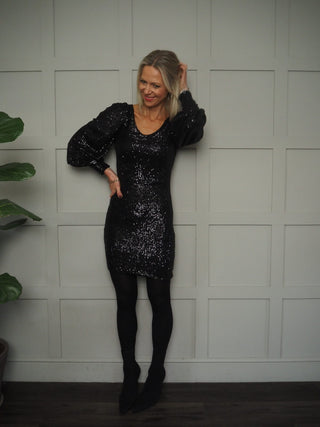 Isla Sequin V-Neck Dress with Balloon Sleeves - Silver