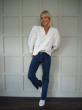 Pops V-Neck Blouse with Balloon Sleeves - Off White