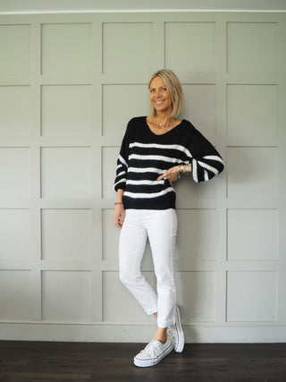 Mahina V-Neck, Striped Jumper - Khaki, Light Blue