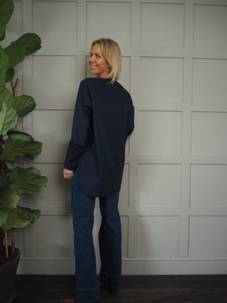 Aggie Cotton Blouse with Broderie Anglaise Detail - Navy Blue