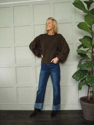 Hope Balloon Sleeve Round Neck Jumper by Moss Copenhagen - Black, Cocoa and Ecru