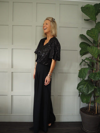 Natalia Sequin V Neck T Shirt - Black