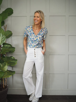 Fabrice V Neck Top - Blue Floral Design