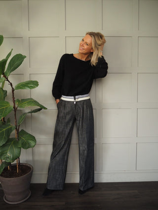 Wispa Cotton Wide Leg Trousers with Stripy &amp; Cream Waistband - Black