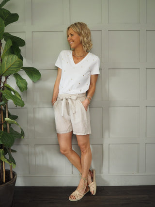 Meme Linen Shorts - Green, Stone