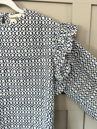 Moroccan Print Blouse with Ruffle and Pin-Tuck Detail - Blue