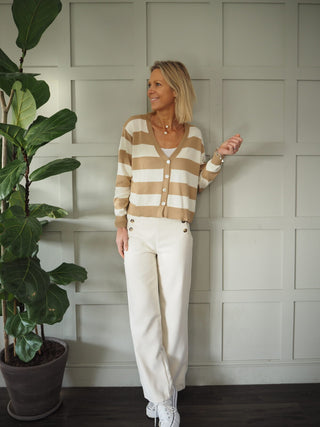 Simi Striped Cardigan with Button Fastenings - Camel/Off White