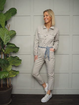 Bisous Long Sleeved Jumpsuit - Skinny-Fit with Stretch, Silver Button Detail &amp; Separate Blue Floral Belt - Stone