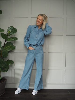 Zely Wide Leg Corduroy Trousers by Frnch - Powder Blue