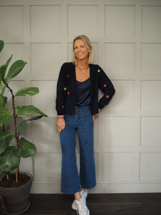 Cashmere Cardigan by Brodie - Navy Blue with Neon Star Embroidery