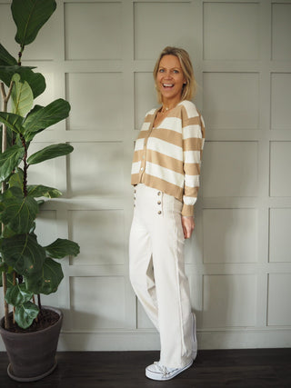 Simi Striped Cardigan with Button Fastenings - Camel/Off White
