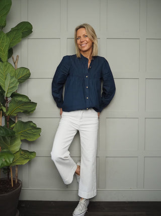 Onado Pleated Round Neck Shirt - Dark Denim