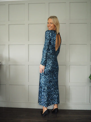 Havana Sequin Dress with Open Back and Tie Detail by Ottod'Ame - Blue