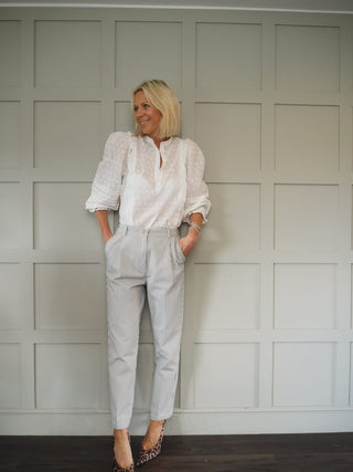 Lauren Cotton Trousers - Navy Blue/Off White Stripes