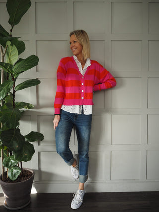 Simi Striped Cardigan with Button Fastenings - Camel/Off White