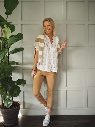 Simi Striped Cardigan with Button Fastenings - Camel/Off White