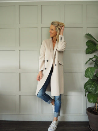 Jenci Double Breasted Handmade Coat, Wool Mix with Lapel Collar, Pockets &amp; Buttoned Cuffs by Rino &amp; Pelle - Night and Stone